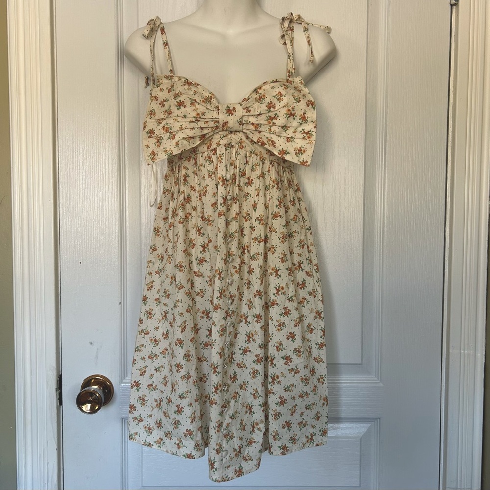 New Evolutionary Apparel Floral Smocked Dress Women XS With Front Big Bow Dress